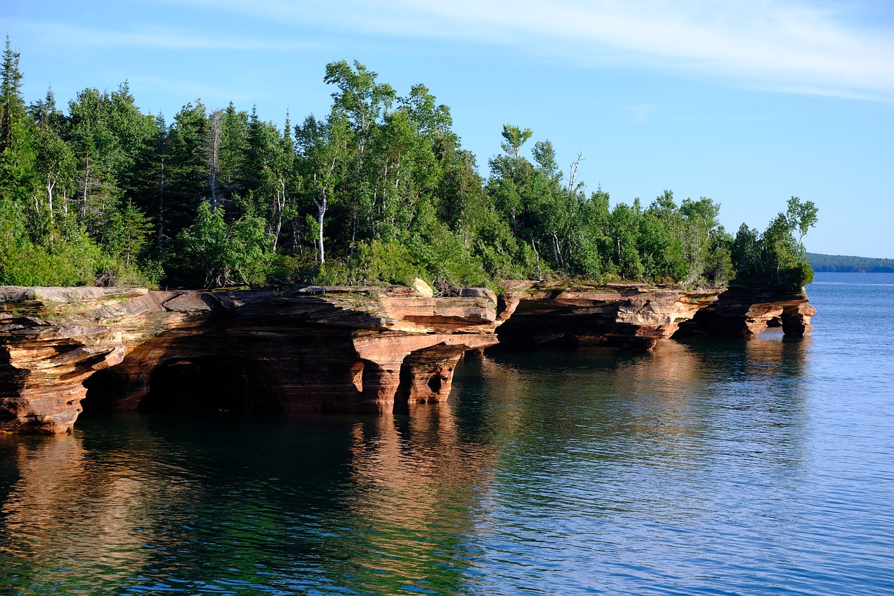 Scenic view of Apostle Islands with lush greenery and clear waters