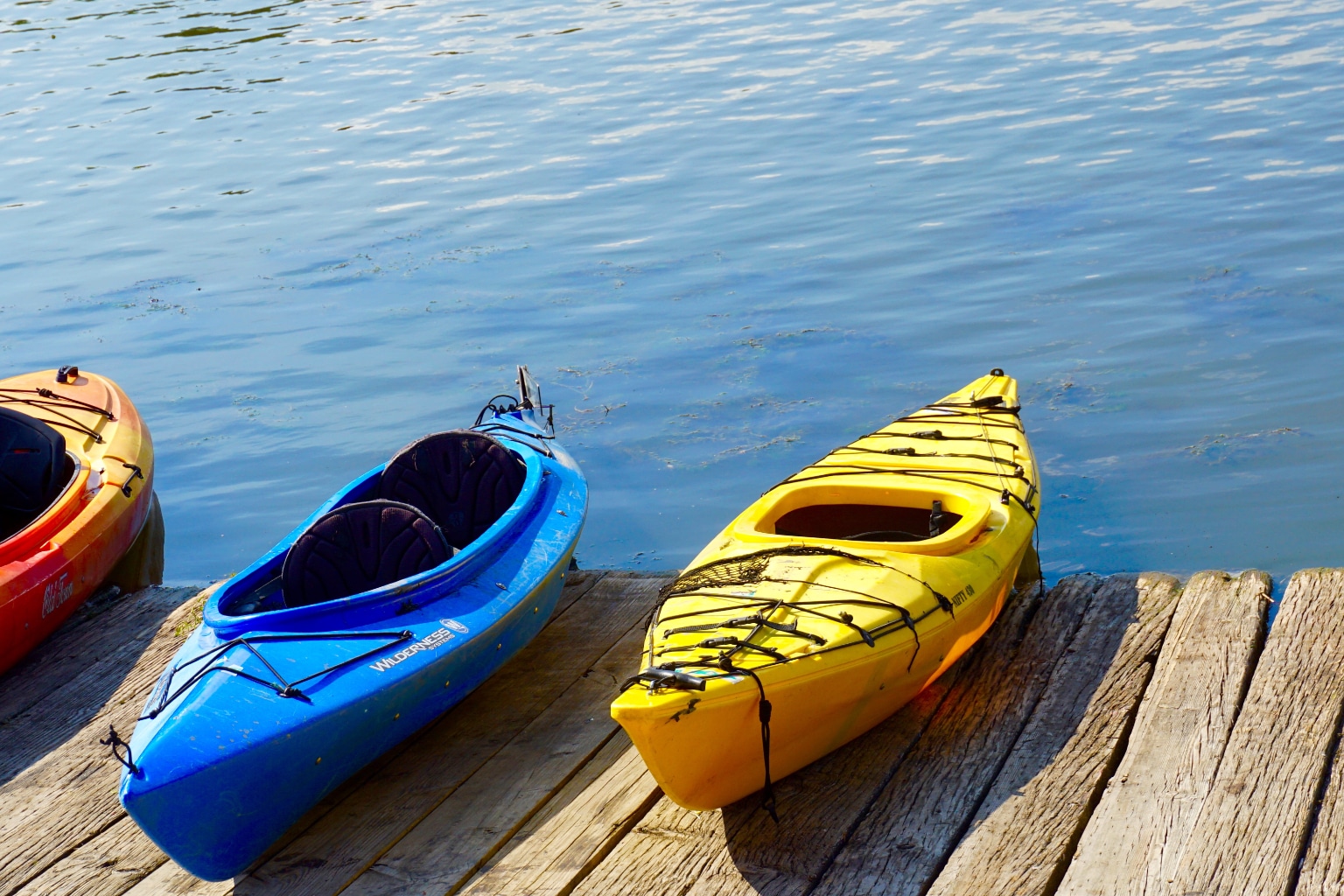 blue and yellow kayak laying next to each other wood