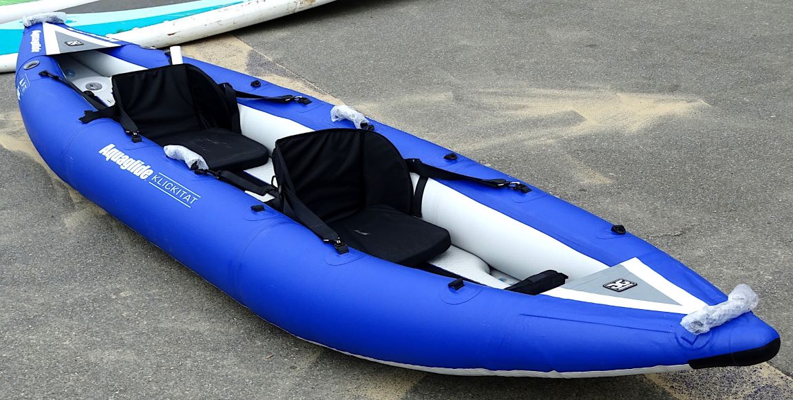 Blue inflatable tandem kayak