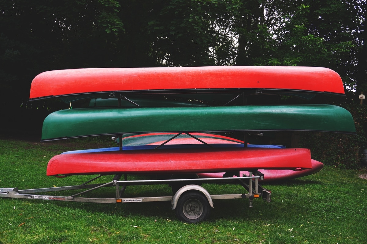 kayaks secured on a kayak trailer for transport