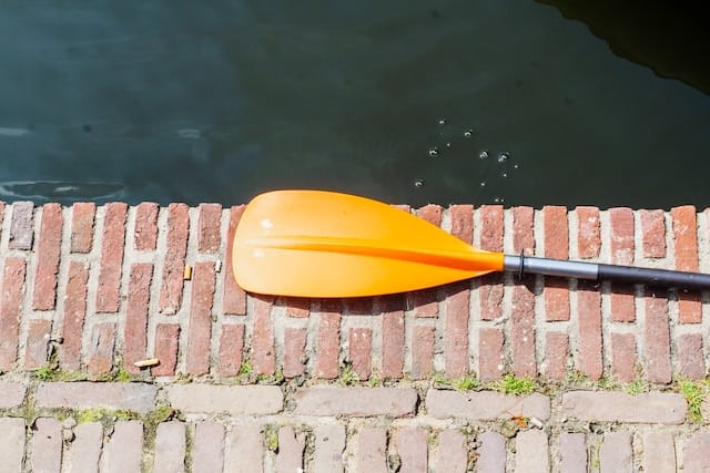 Single kayak paddle on a brick surface, close-up view